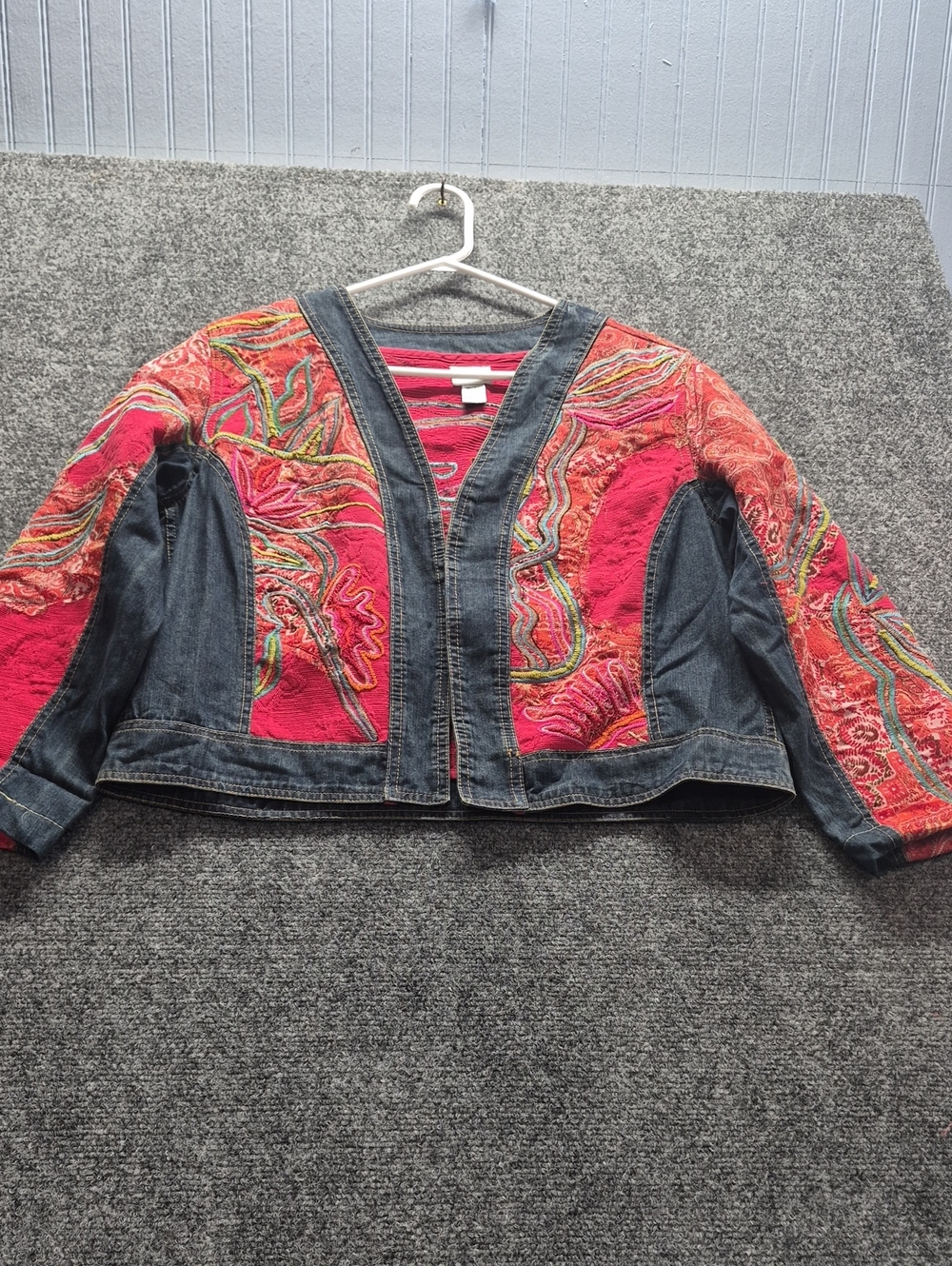 Cropped Red Embroidered Denim Jacket